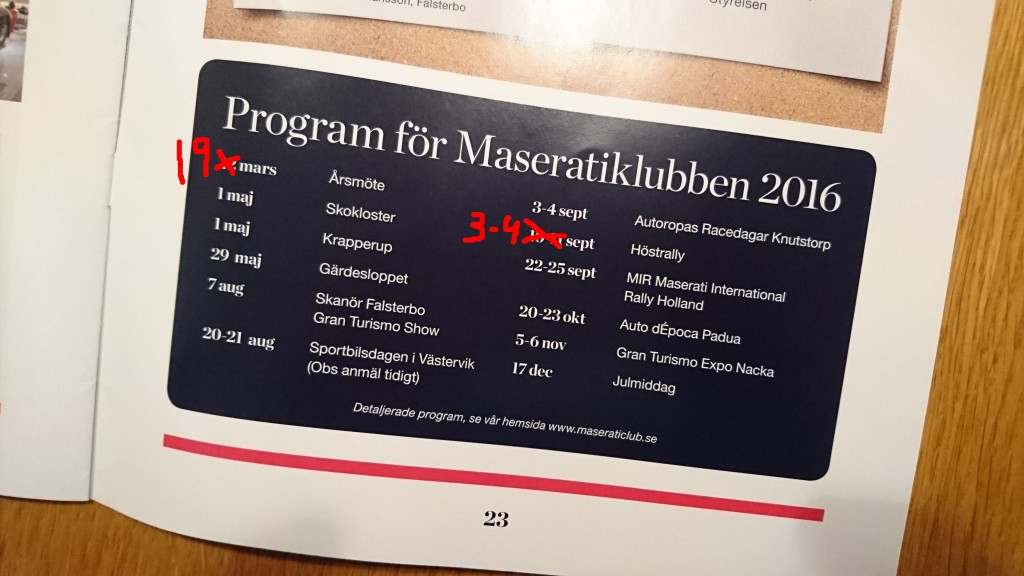 Foto av programmet i Bulletinen, med ändrade datum för två events.